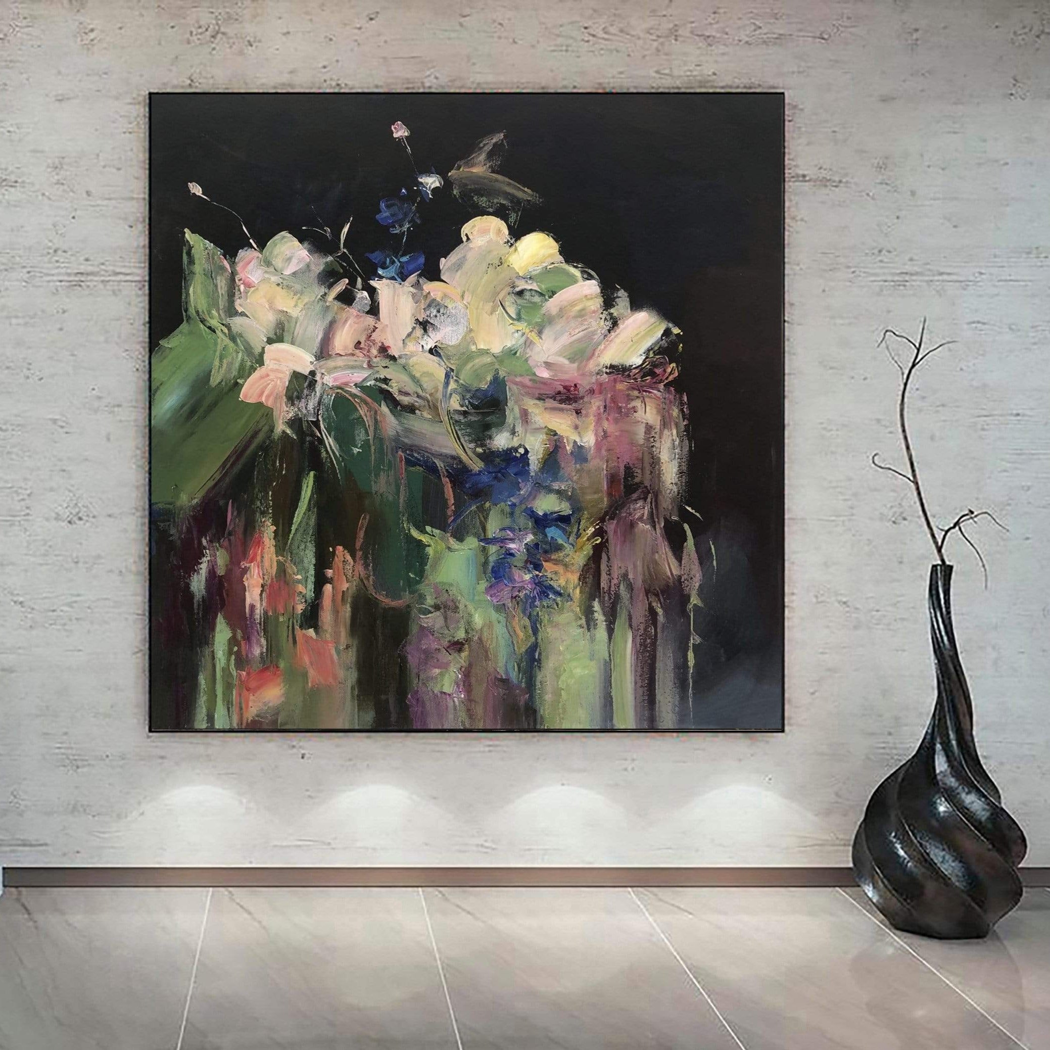 Buy Abstract Painting on Canvas Colorful Wall Art Black Canvas Green Wall Art Beige Painting Original Oil Painting for Living Room Decor | SPRING FLOWERS online shopping cheap