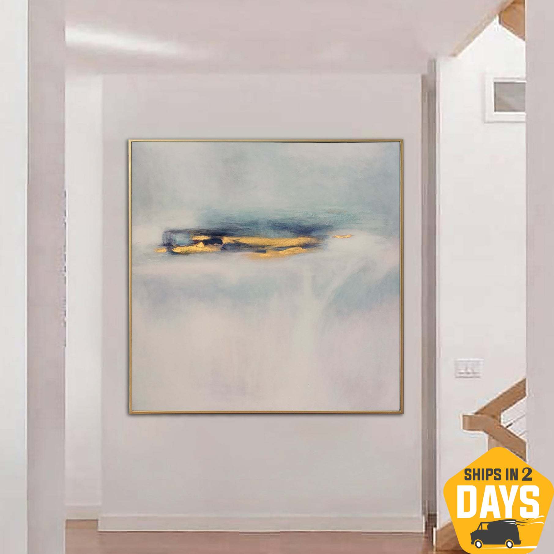 Buy Abstract Painting on Canvas Minimalist Wall Art Light Blue Artwork Neutral Painting Gold Leaf Artwork for Indie Room Decor | BLIZZARD 32"x32" online shopping cheap