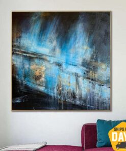 Abstract Paintings On Canvas Blue And Black Wall Art Original Oil Painting Modern Textured Art Painting for Fireplace Decor | BLUE GLOW 27.55"x27.55"