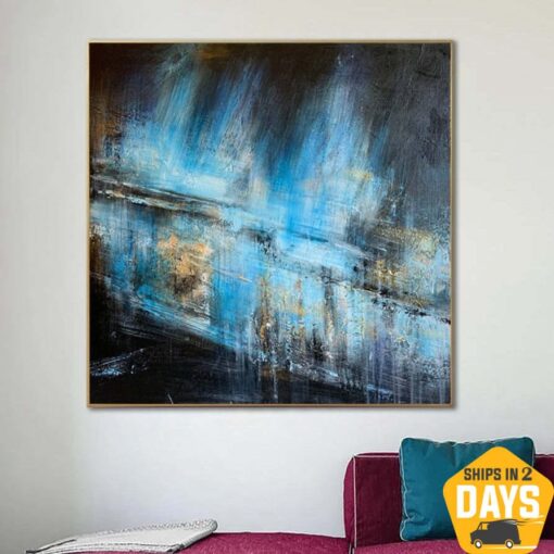 Buy Abstract Paintings On Canvas Blue And Black Wall Art Original Oil Painting Modern Textured Art Painting for Fireplace Decor | BLUE GLOW 27.55"x27.55" online shopping cheap
