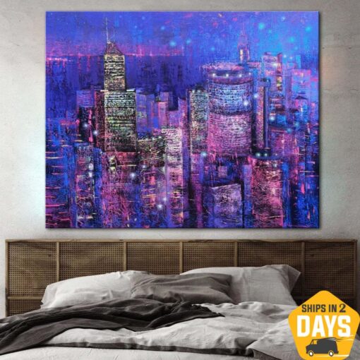 Buy Abstract Purple Paintings On Canvas City Fine Art Original Handmade Painting Support Ukraine Artist | SKYSCRAPERS 35"x43" online shopping cheap