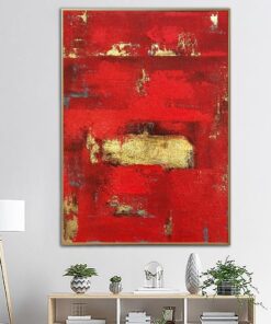 Abstract Red Painting on Canvas Minimalist Wall Art Gold Leaf Artwork Royal Red Wall Art Original Oil Painting | BLOOD RED SUN
