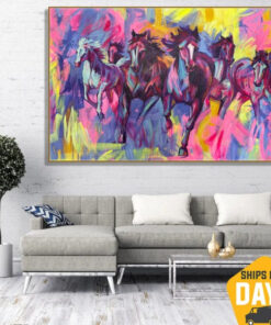 Abstract Running Horses Oil Paintings Colorful Animal Painting on Canvas Modern Artwork for Living Room | FINAL RACE 53"x80"