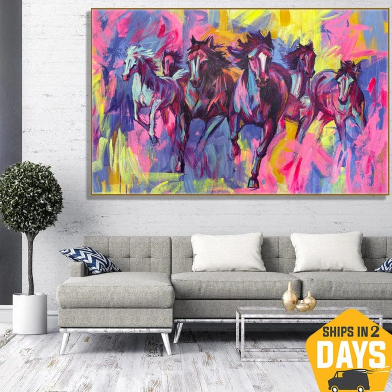Buy Abstract Running Horses Oil Paintings Colorful Animal Painting on Canvas Modern Artwork for Living Room | FINAL RACE 53"x80" online shopping cheap