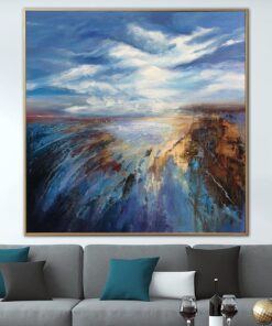 Abstract Seascape Painting Blue Clouds Canvas Art Aesthetic Painting 40×40 Expressionist Art Modern Coastal Blue Artwork Ocean Painting | LAND BREEZE