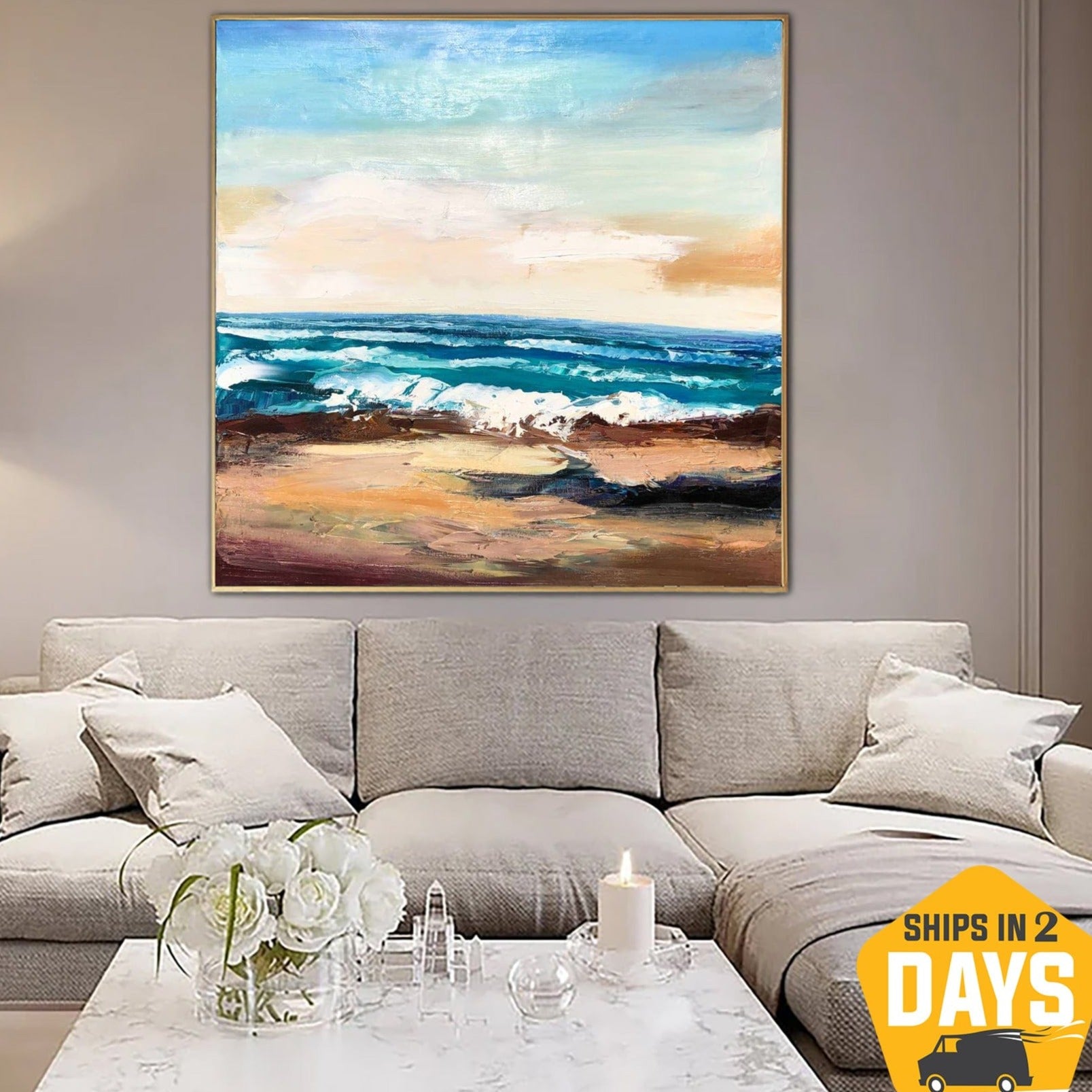 Buy Abstract Seascape Painting On Canvas Blue Ocean Art Aesthetic Modern Coastal Blue Waves Artwork Decor | OCEAN BREEZE 33"x33" online shopping cheap