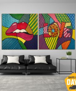 Abstract Set Of 2 Oil Paintings Original Colorful Lips Modern Artwork Decor for Home | LIPS AND LOVE 2P 26"x52"