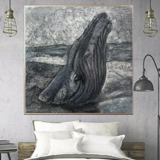Buy Abstract Whale Painting on Canvas Original Animal Wall Art Heavy Textured Artwork Monochrome Painting for Aesthetic Room Decor | WHALE online shopping cheap