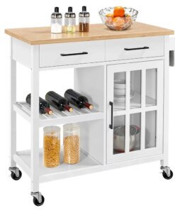 Alden Design Rolling Kitchen Island Cart with Bamboo Top, White