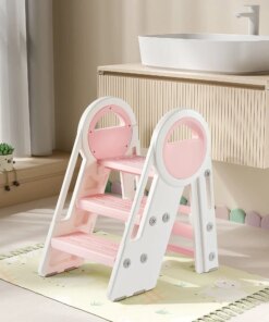 BABY Kids 3-Step Learning Stool Foldable Standing Tower for Toddlers Pink