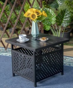 Bistro Side Table, Patio Umbrella Stand, All-Weather Steel Frame, Black