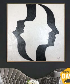 Black And White Absctract Painting On Canvas Fashion Art Unique Original Black And White Large Abstract Face Wall Art | OPTICAL ILLUSION 27.55"x27.55"