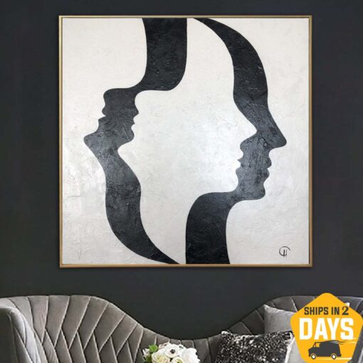 Buy Black And White Absctract Painting On Canvas Fashion Art Unique Original Black And White Large Abstract Face Wall Art | OPTICAL ILLUSION 27.55"x27.55" online shopping cheap