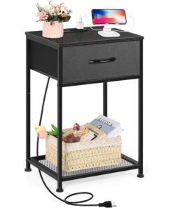 Black Night Stand with Charging Station Bedroom Nightstand with Fabric Drawer Small Bedside Table End Table