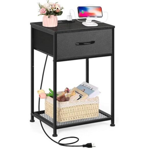 Buy Black Night Stand with Charging Station Bedroom Nightstand with Fabric Drawer Small Bedside Table End Table online shopping cheap