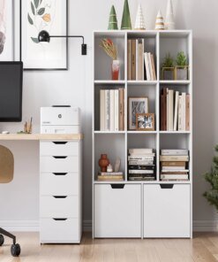 Bookcase 9 Cube, Modern Bookshelf Storage Cabinet with 2 Large Drawers, Free Standing Storage Organizer