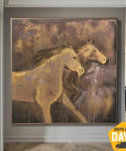 Brown Horses Painting Modern Impressionist Art Luxury Painting Abstract Animal Painting Textured Wall Art | RUNNING HORSES 46"x46"