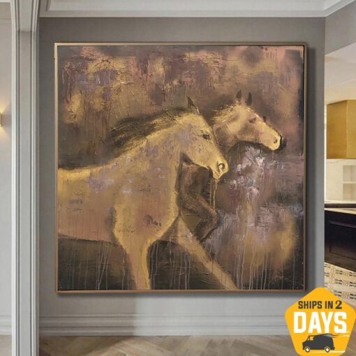 Buy Brown Horses Painting Modern Impressionist Art Luxury Painting Abstract Animal Painting Textured Wall Art | RUNNING HORSES 46"x46" online shopping cheap