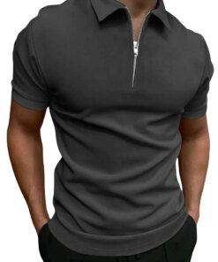 Caziffer Men s Collared Classic Tops Golf Shirts Casual Short Sleeve Summer Zip up Shirt Solid Color Slim Fit