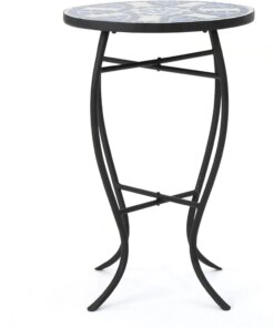 Christopher Knight Home Han Outdoor Ceramic Tile Side Table with Iron Frame, Blue / White Beautifully Designed and Durable