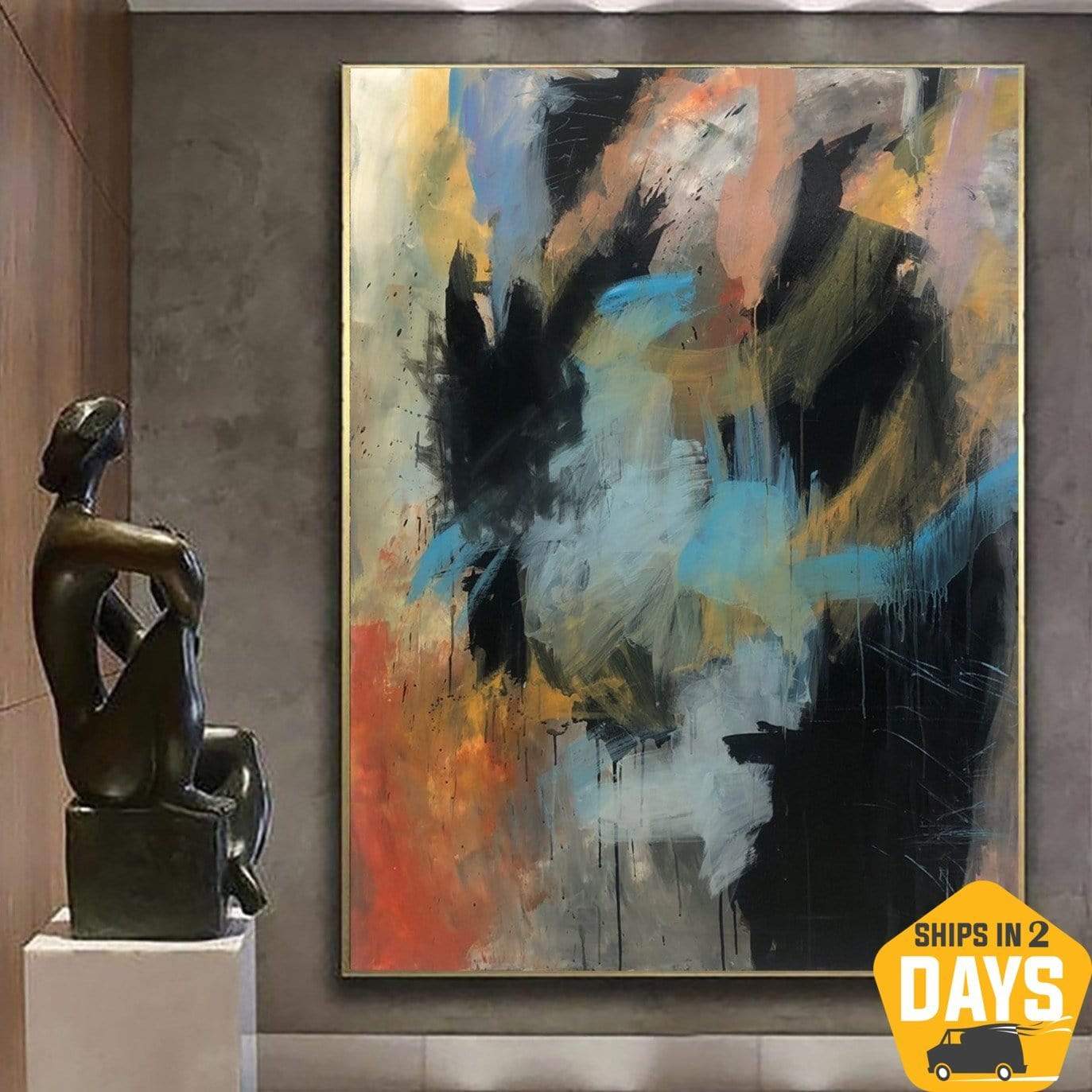 Buy Colorful Abstract Painting on Canvas: Modern Oil Painting in Black. Blue and Red Colors as Textured Painting for Home Wall Decor | DARK SILHOUETTE 54"x40" online shopping cheap