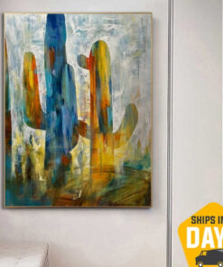 Colorful Cactus Paintings On Canvas Modern Artwork Abstract Nature Textured Oil Painting Wall Art Handmade Decor for Room | CACTUS DREAM 54"x40"