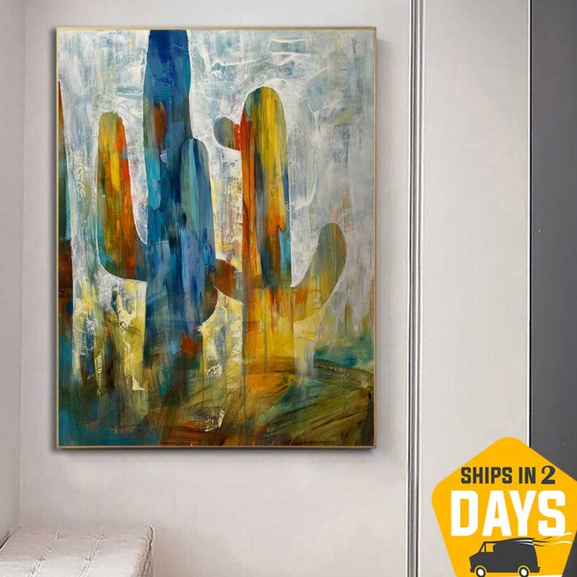 Buy Colorful Cactus Paintings On Canvas Modern Artwork Abstract Nature Textured Oil Painting Wall Art Handmade Decor for Room | CACTUS DREAM 54"x40" online shopping cheap
