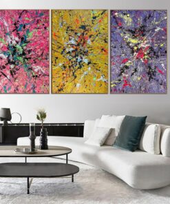 Colorful Set Of 3 Original Violet Artwork Pink and Yellow Paintings on Canvas for Room Decor | TRIPLE SPLASH