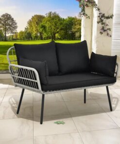 DEXTRUS Patio Loveseat Sofa, All-Weather Wicker Rattan 2 Seater Sofa with Cushions & Lumbar Pillows