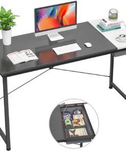 Desk, 47 Inch Study Writing Desk for Home Office Workstation, Modern Simple Style Laptop Table with Storage Bag/Drawer, Black an