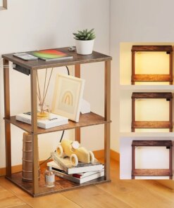 Dimmable LED End Table with Charging Station,Narrow Side Table with 3 Color Temperatures LED Lights,Nightstand Bedside Tables