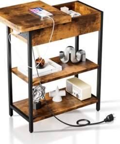 End Table with Charging Station, Narrow Flip Top Side Table with USB Ports and Outlets, Nightstand with Storage for Small Spaces