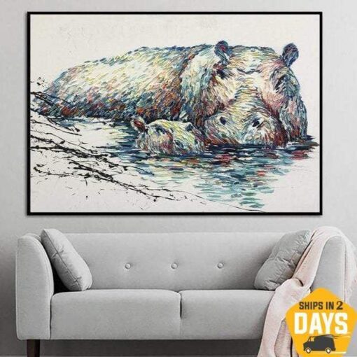 Buy Extra Large Abstract Hippo Painting Animals Fine Art Impasto Paintings On Canvas Oil Painting Modern Art Decor | FIRST STEPS 20"x27" online shopping cheap