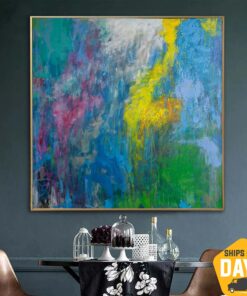 Extra Large Abstract Paintings On Canvas Blue Wall Art Handmade Painting Textured Oil Painting Indian Room Wall Decor | DURING THE RAIN 39.37"x39.37"