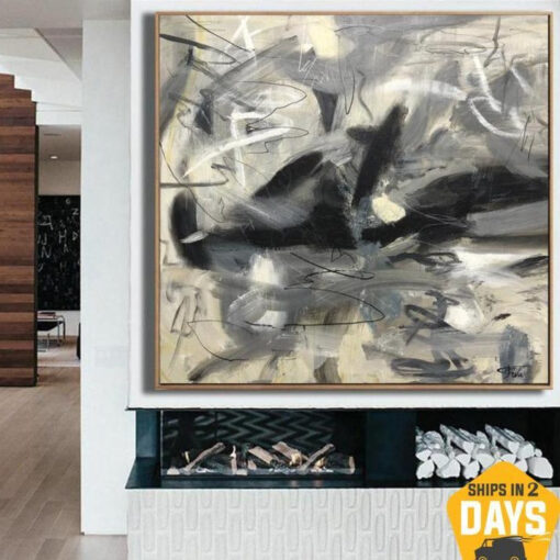 Buy Extra Large Acrylic Abstract Grey Art Beige Paintings On Canvas Fine Art Wall Decor | MEMOIR DIARY 40"x40" online shopping cheap