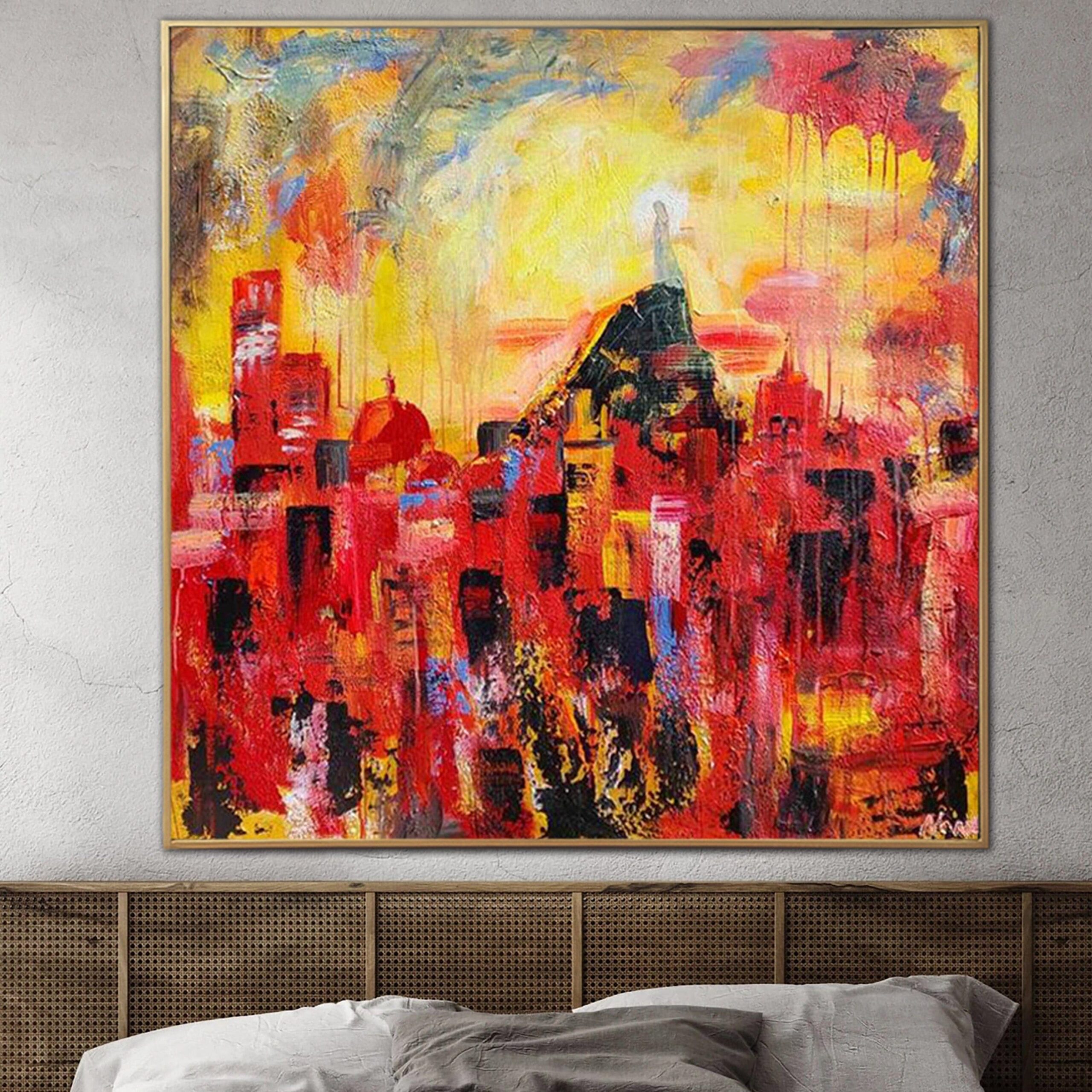Buy Extra Large City of Ukraine Colorful Oil Painting Abstract Kharkiv City Wall Art Red And Orange Abstract Decor Stand with Ukraine | FIGHTING FOR PEACE online shopping cheap