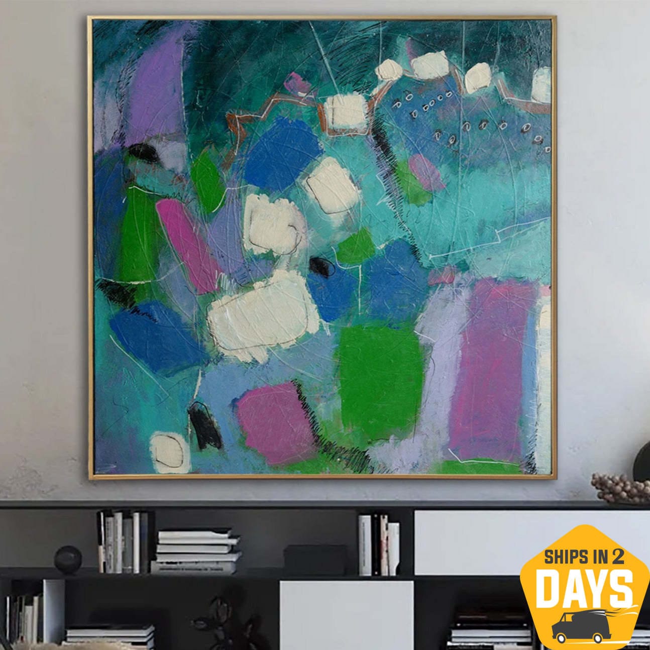 Buy Extra Large Colorful Painting On Canvas Abstract Modern Oil Painting Green Purple Colors Painting Living Room Decor | CHILDHOOD MEMORIES 27.55"x27.55" online shopping cheap