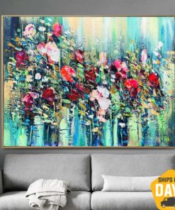 Extra Large Flowers Paintings On Canvas Purple Painting Green Modern Textured Painting Oil Painting Modern Decor | COLORFUL FLOWERS FIELD 23.6“x31.5"