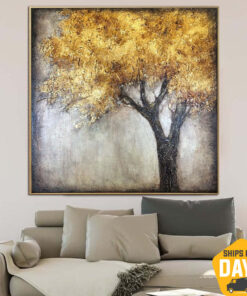 Extra Large Original Abstract Tree Paintings On Canvas Gold Nature Fine Art Modern Rich Textured Painting | GOLDEN TREE 15.7"x15.7"