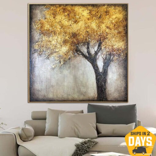 Buy Extra Large Original Abstract Tree Paintings On Canvas Gold Nature Fine Art Modern Rich Textured Painting | GOLDEN TREE 15.7"x15.7" online shopping cheap