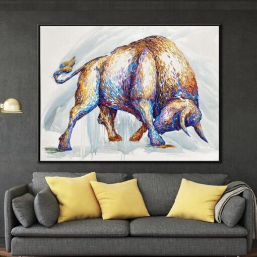 Buy Extra Large Original Charging Bull Painting On Canvas Modern Orange Abstract Animal Painting Minimalist Fine Art Decor | CORRIDA online shopping cheap