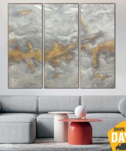 Extra Large White Paintings On Canvas Triptych Paintings Modern Gold Leaf Art Original Textured Painting | GOLDEN FOG 3P 80"x96"
