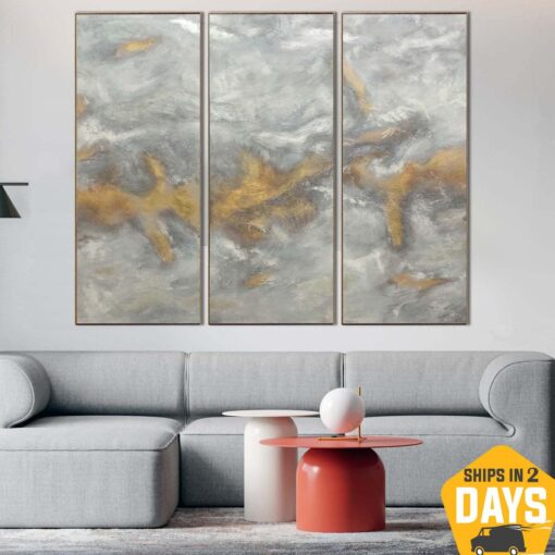 Buy Extra Large White Paintings On Canvas Triptych Paintings Modern Gold Leaf Art Original Textured Painting | GOLDEN FOG 3P 80"x96" online shopping cheap