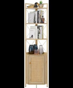 Finnhomy Corner Shelf with Cabinet, 71 Inches Multipurpose Corner Cabinet with Rattan Decorated Doors, Corner Storage Shelves
