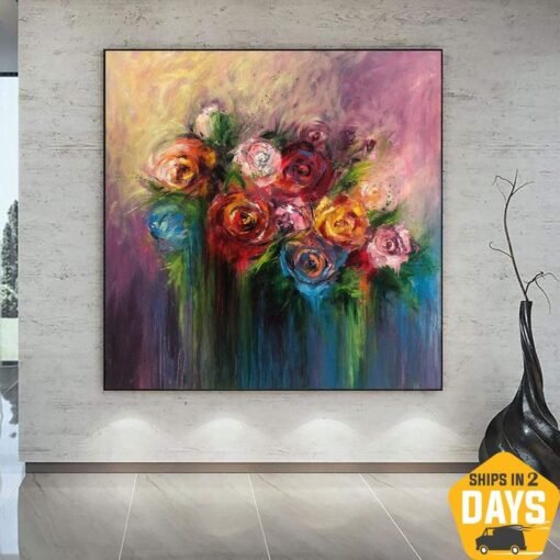 Buy Flowers Abstract Art Still Life Oil Paintings On Canvas Floral Vivid Art Impressionism Paintings Roses Bouquet Painting | BLOOMING ROSES 46"x46" online shopping cheap
