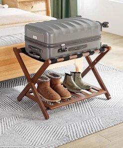 Fully Assembled Walnut Luggage Rack, Upgraded Bamboo Foldable Suitcase Stand with 5 Nylon Straps