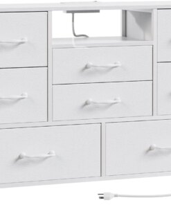 Furnulem White Dresser with Power Outlet for 55” Long TV Stand Entertainment Center, Deep 8 Drawers for Storage in Bedroom