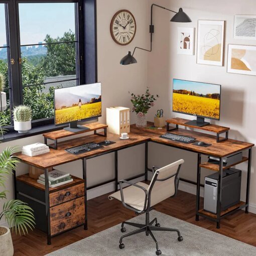 Buy Furologee 66" L Shaped Computer Desk with Shelves