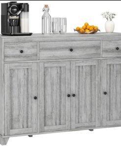 HIFIT Buffet Cabinet Farmhouse Sideboards and Buffets with 3 Storage Drawers & 4 Doors Adjustable Shelves, Rustic 47″ Coffee