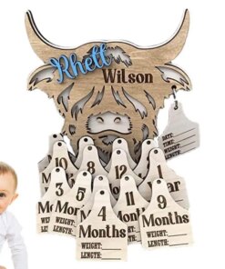 Highland Cow Monthly Milestone Wooden Cow Label Monthly Infant Milestone 15 Pcs Record Tags First Year Memory Picture Photo Prop